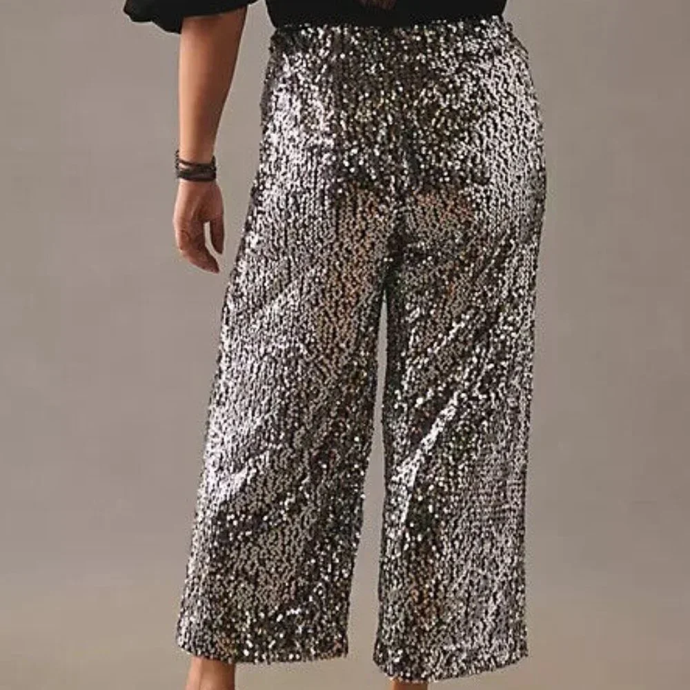 Anthropologie Silver Sequin Wide-Leg Pants - Picture 7 of 9